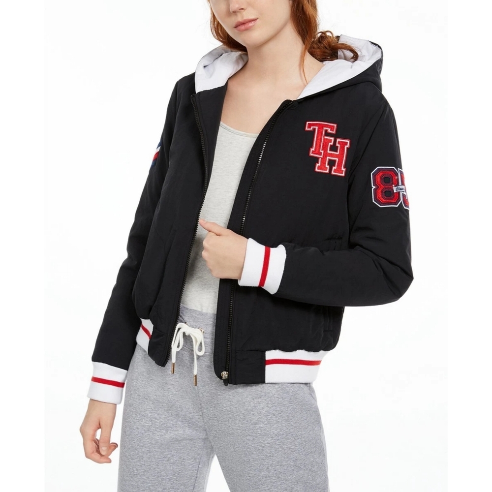 Tommy Hilfiger Sport Womens Black TH Patch Varsity Bomber Hoodie Jacket Size S